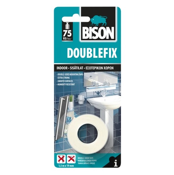 דבק דו -צדדי לבן DOUBLE-FIX אורך: 1.5מ  רוחב: 19ממ' BISON