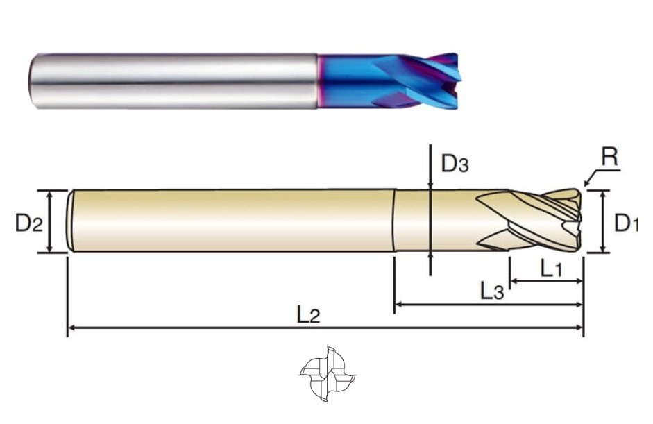 כרסום סוליד קרביד   YG1 G8A47  3(R.5)X6X4(10)X55  4T